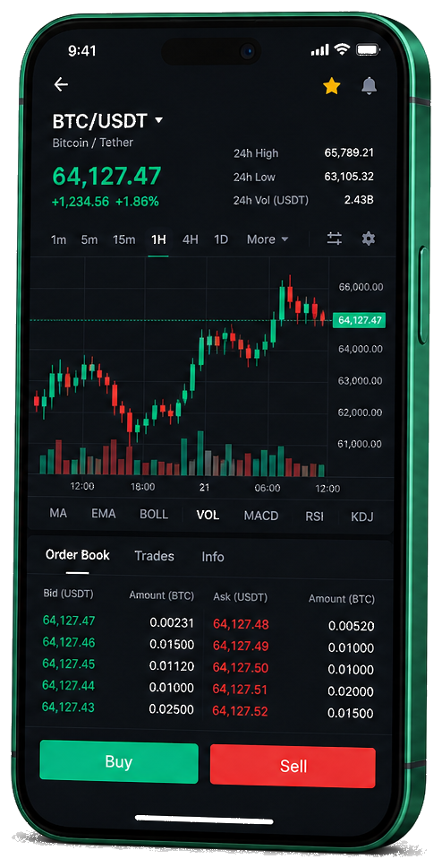 Solstice Bitrevo mobile trading app — live BTC/USDT chart, order book, and buy/sell dashboard